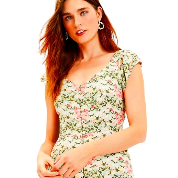 Loft Agave Floral Cap Sleeve Sweetheart Neckline Button Down Midi Dress Size 0 - Picture 7 of 9